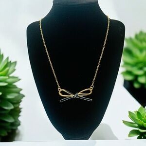 Gold Tone Dark Blue Ribbon Bow 18" Necklace